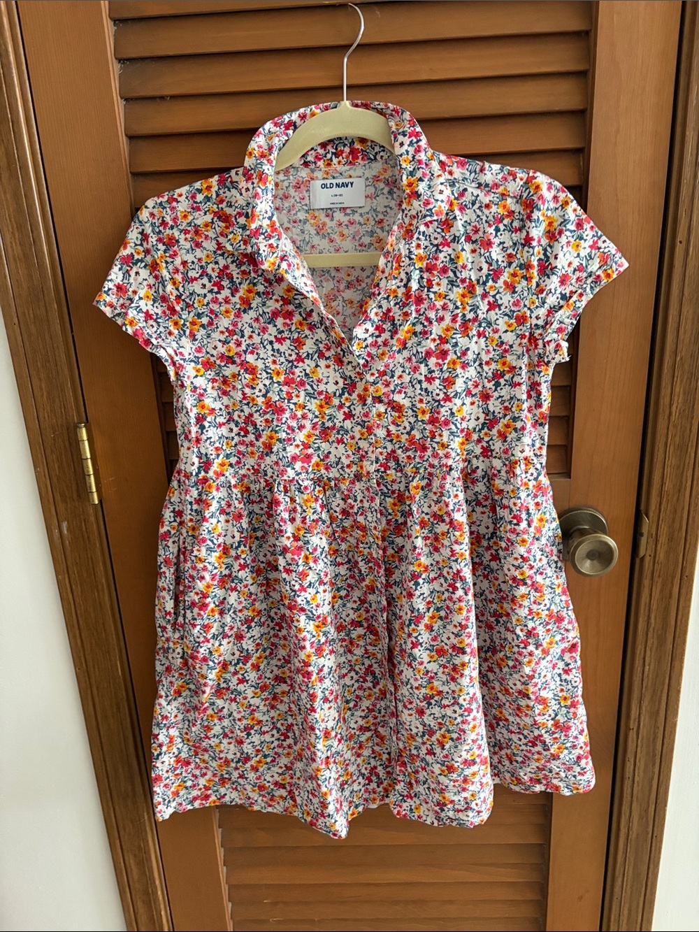Old Navy White Floral Button-Up Babydoll Dress with Red and Yellow Accents